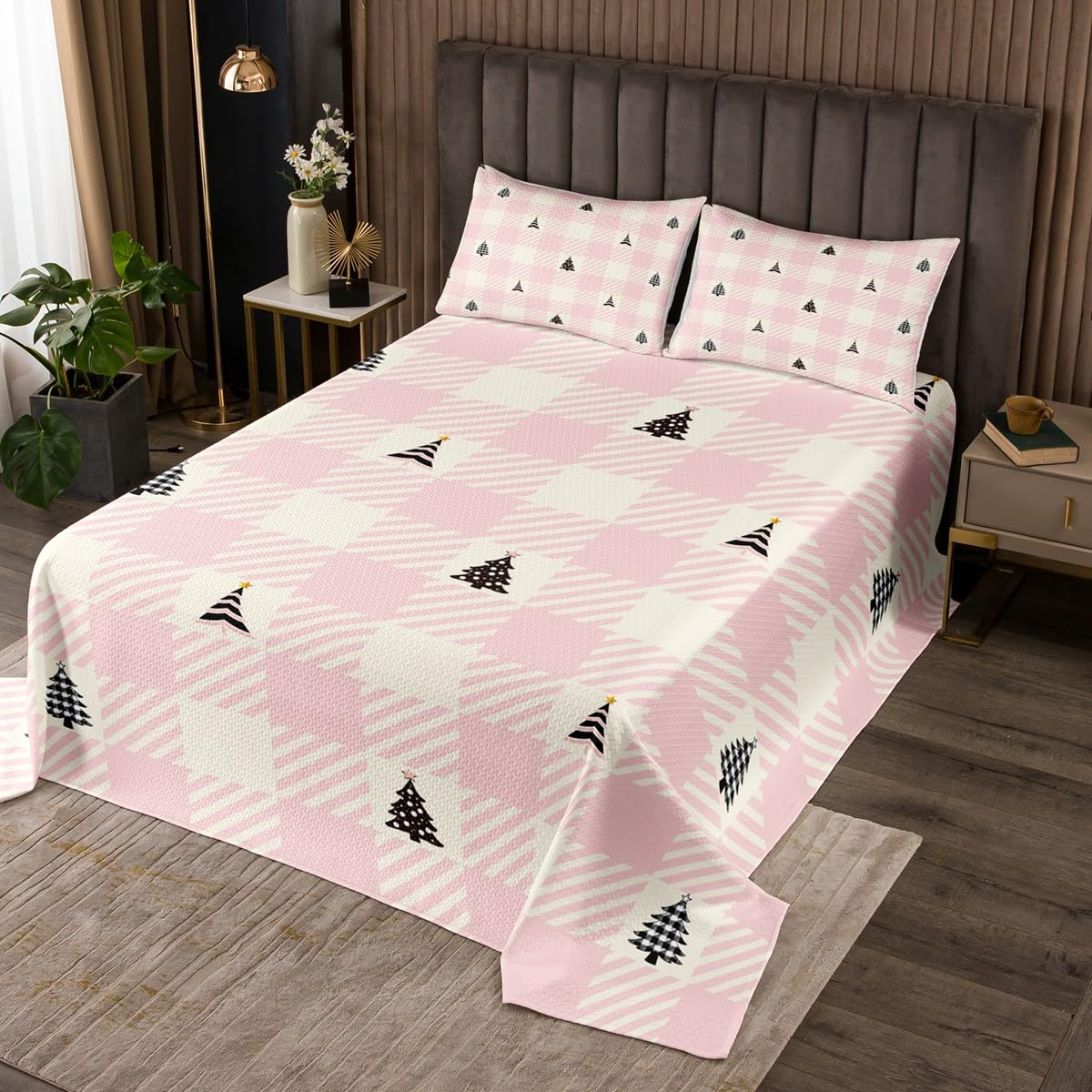 jejeloiu Girls Christmas Bedspread Xmas Theme Buffalo Check Checkered Coverlet Set King Size for Kids Teens Pink Christmas Tree Quilted Coverlet Plaid Grid Quilted with 2 Pillow Case