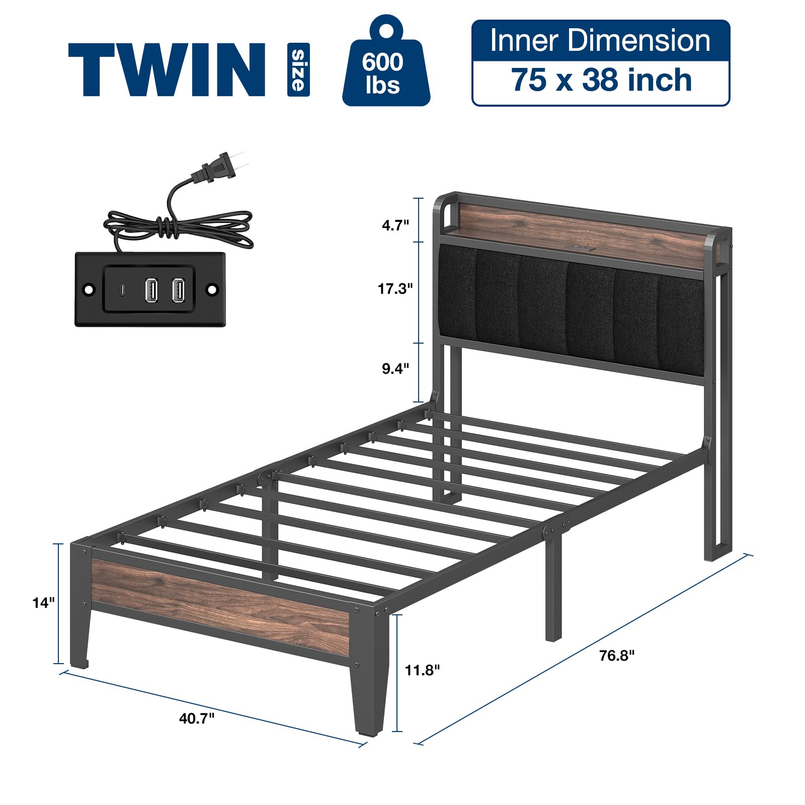 Twin Size Bed Frame with Headboard and Charging Station Storage Fabric Upholstered Headboard with Outlet 12 Inch Heavy Duty Metal Platform Bed with Steel Slat Support Anti-Slip Easy Assembly Black