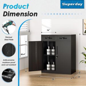 Superday 42" Locking Garage Storage Cabinet with 2 Drawers, Black Lockable Metal Storage Cabinet with 2 Doors and Adjustable Shelves, Tool Cabinet for Home Office, School, Etc