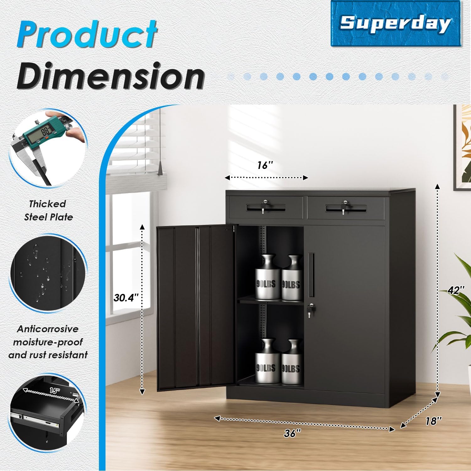 Superday 42" Locking Garage Storage Cabinet with 2 Drawers, Black Lockable Metal Storage Cabinet with 2 Doors and Adjustable Shelves, Tool Cabinet for Home Office, School, Etc