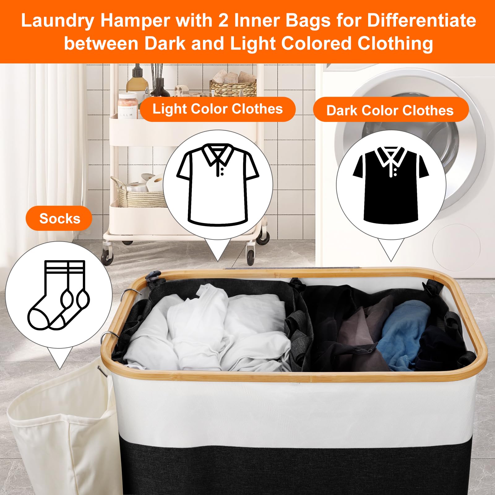 Laundry Hamper with Lid, 150L Large Laundry Basket with Bamboo Handles and Removable Bags, Collapsible Dirty Clothes Hamper, 2 Section Laundry Bin Organizer for Bedroom,Bathroom,Laundry Room, Black