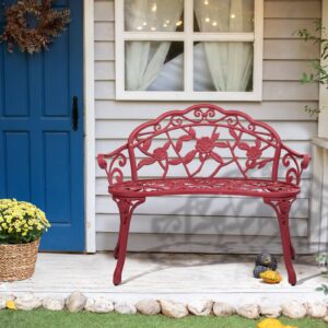 CIPACHO Outdoor Cast Aluminum Patio Bench, Garden Bench with Curved Legs Rose Pattern,Porch Bench Chair for Park Balcony Backyard Outdoor Furniture (Red)