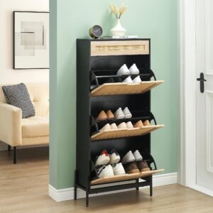 assile shoe cabinet for entryway, tall freestanding shoe rack with 3 flip-drawers, hidden storage shoe organiazer with drawer, sturdy metal leg for entrance hallyway mudroom, black