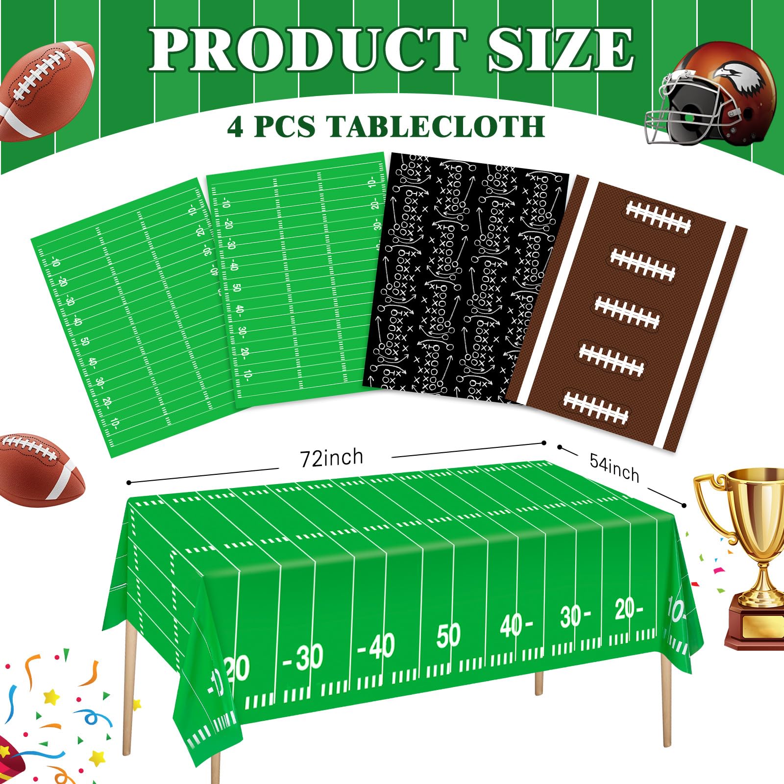 Football Tablecloth 4 Packs, Football Party Decorations, 54"X72" Plastic Table Cover for Football Party Supplies, Disposable Football Table Cloth for Football Theme Party Games