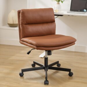 okeysen criss cross chair with wheels, armless cross legged comfy office desk chair, modern pu leather height adjustable swivel computer task chair with wide seat for home, office, vanity chair, brown