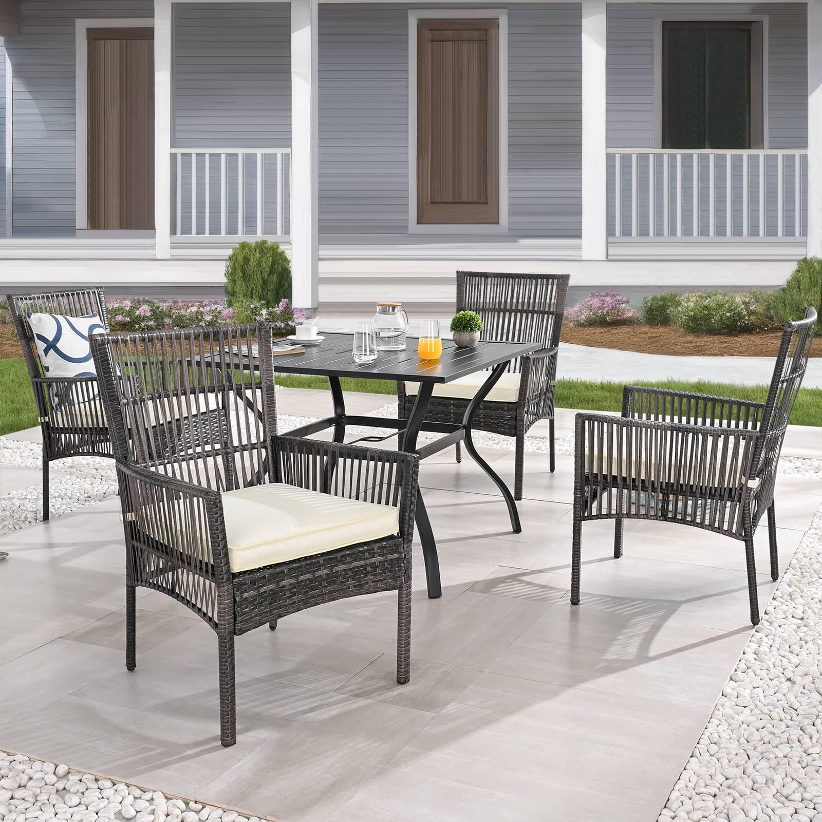 PatioFestival Patio Dining Set 5 Pieces Outdoor Furniture Sets Outside Metal Square Table Wicker Chairs with Galvanized Steel Frame Beige Cushion