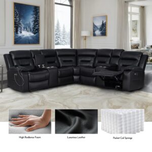 Power Recliner Sectional, Faux Leather Power Reclining Sectional Couch, Modular Livingroom Furniture Sets with 2 Storage Console & 4 Cup Holders (Black)