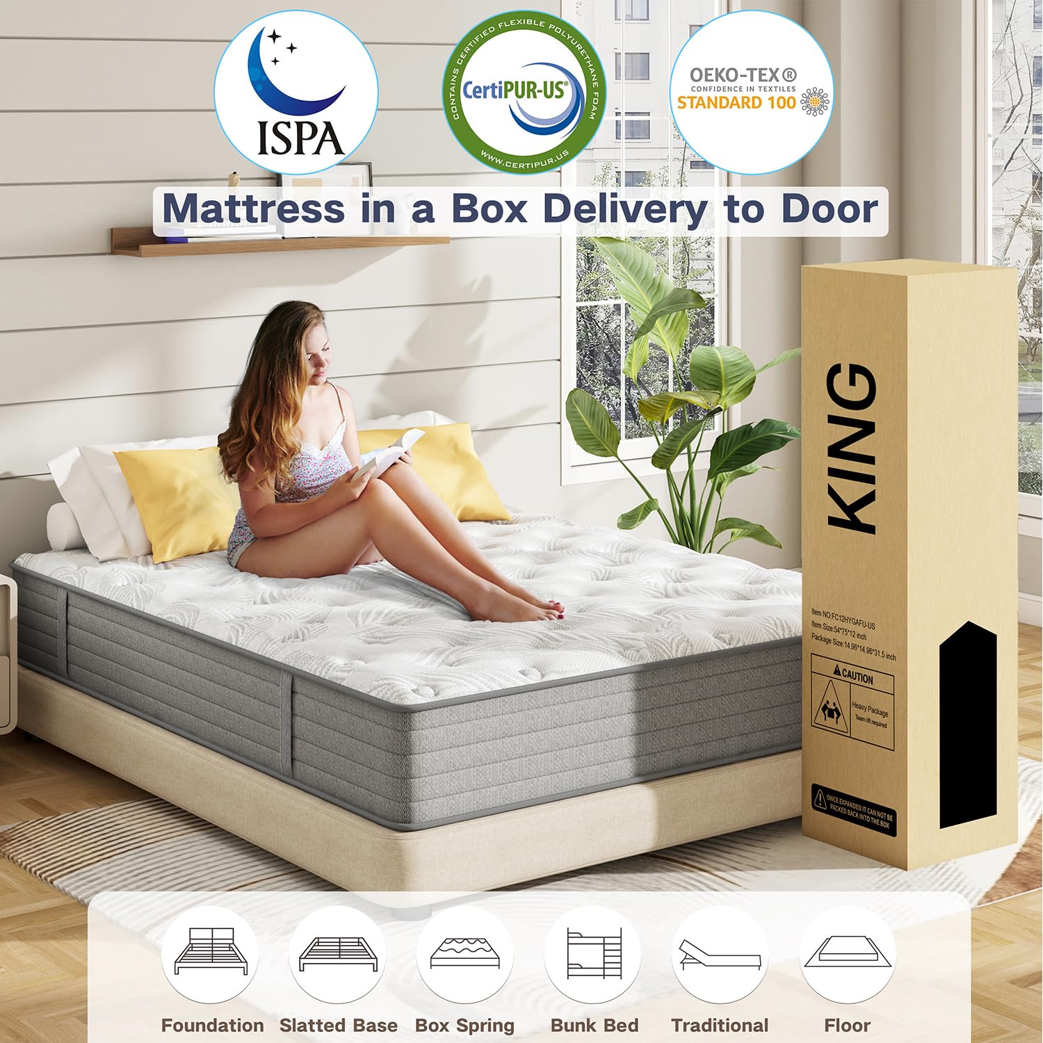 King Mattress, 12 Inch King Size Mattress in a Box,Memory Foam Hybrid Mattress,with Individual Pocket Spring for Motion Isolation & Silent Sleep, Pressure Relief,Medium Firmness,76"*80"*12"