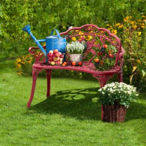 CIPACHO Outdoor Cast Aluminum Patio Bench, Garden Bench with Curved Legs Rose Pattern,Porch Bench Chair for Park Balcony Backyard Outdoor Furniture (Red)