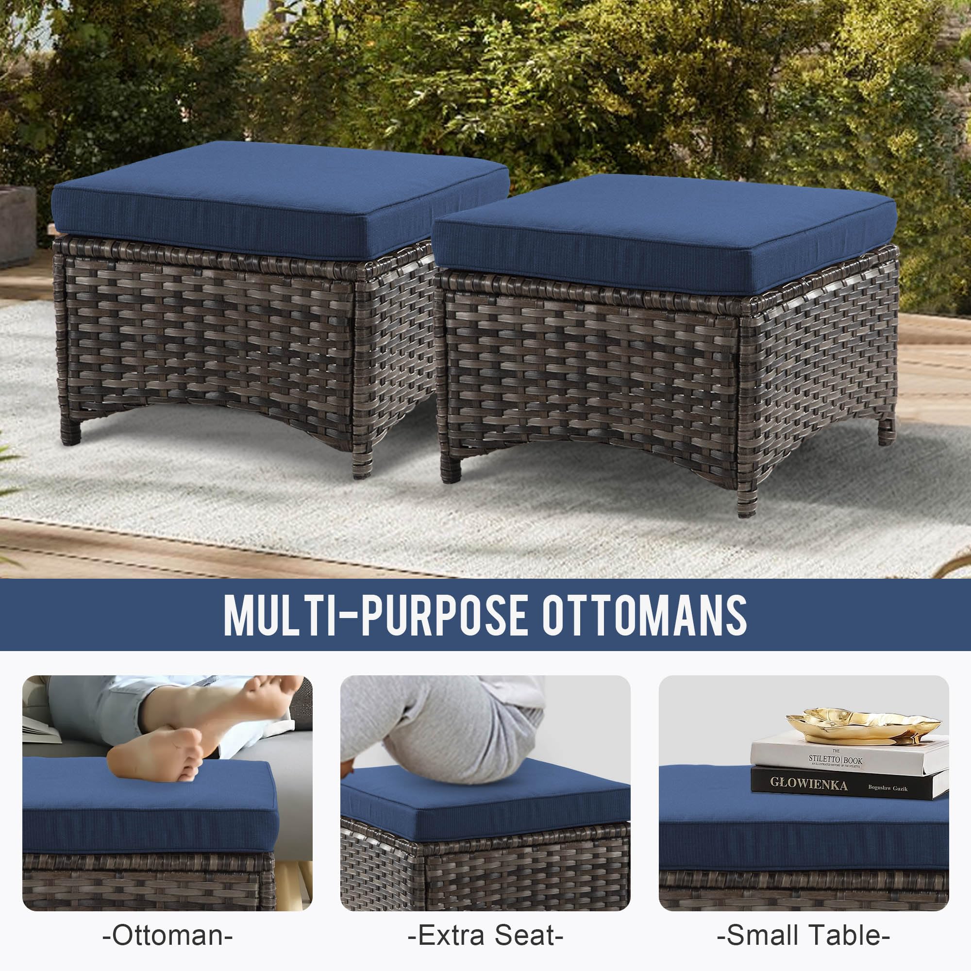 Yokayoay Patio Ottomans 2 Pieces,Outdoor Wicker, Side Table with Removable Cushions, Footrest Furniture for Deck, Porch, Backyard, Balcony, Poolside