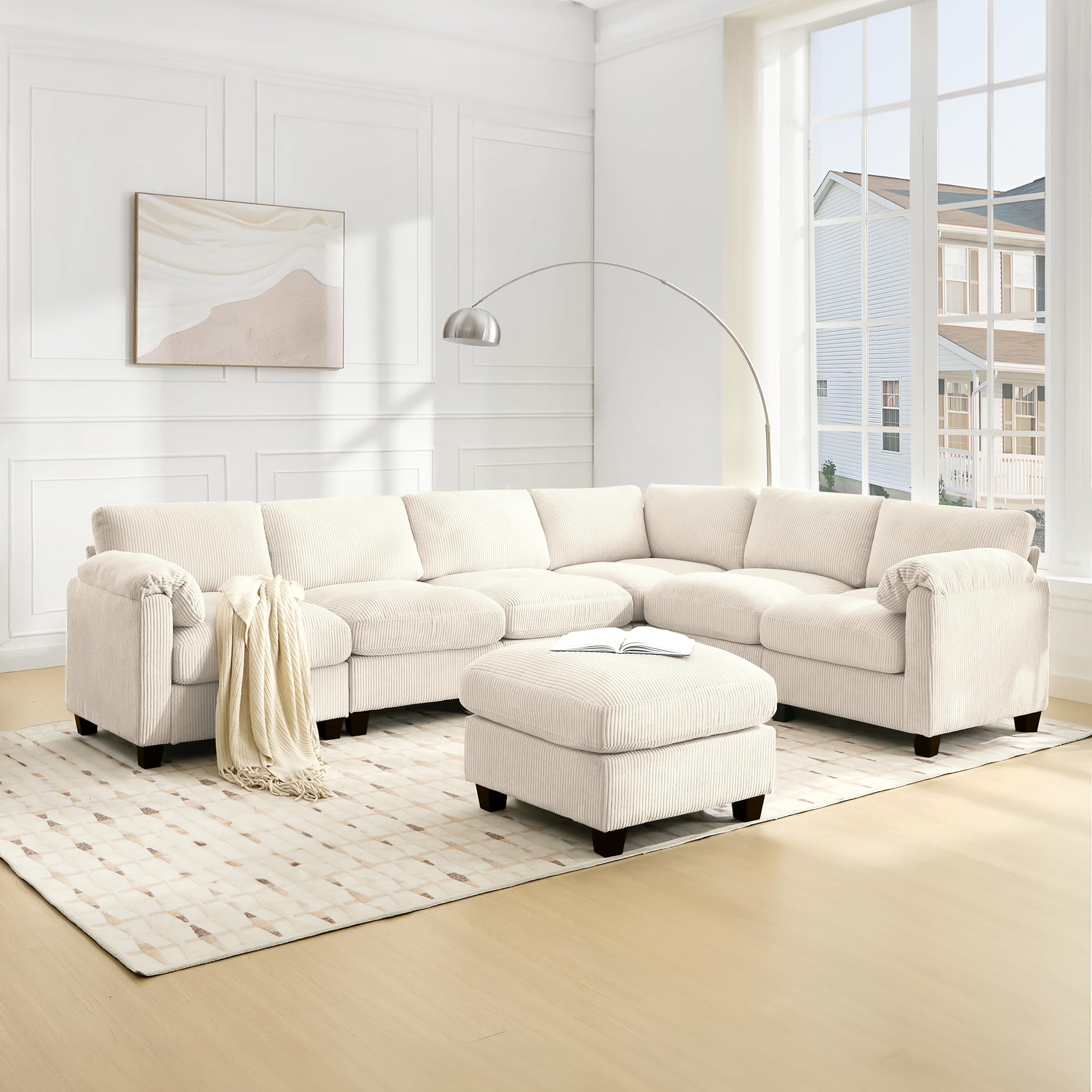 Bumblr Oversized Corduroy Sectional Couches for Living Room with Movable Ottoman, 6 Seater Modern Convertible L Shaped Modular Sectional Sofa with Reversible Chaise, Comfy Corner Sofa Couch Set, Beige