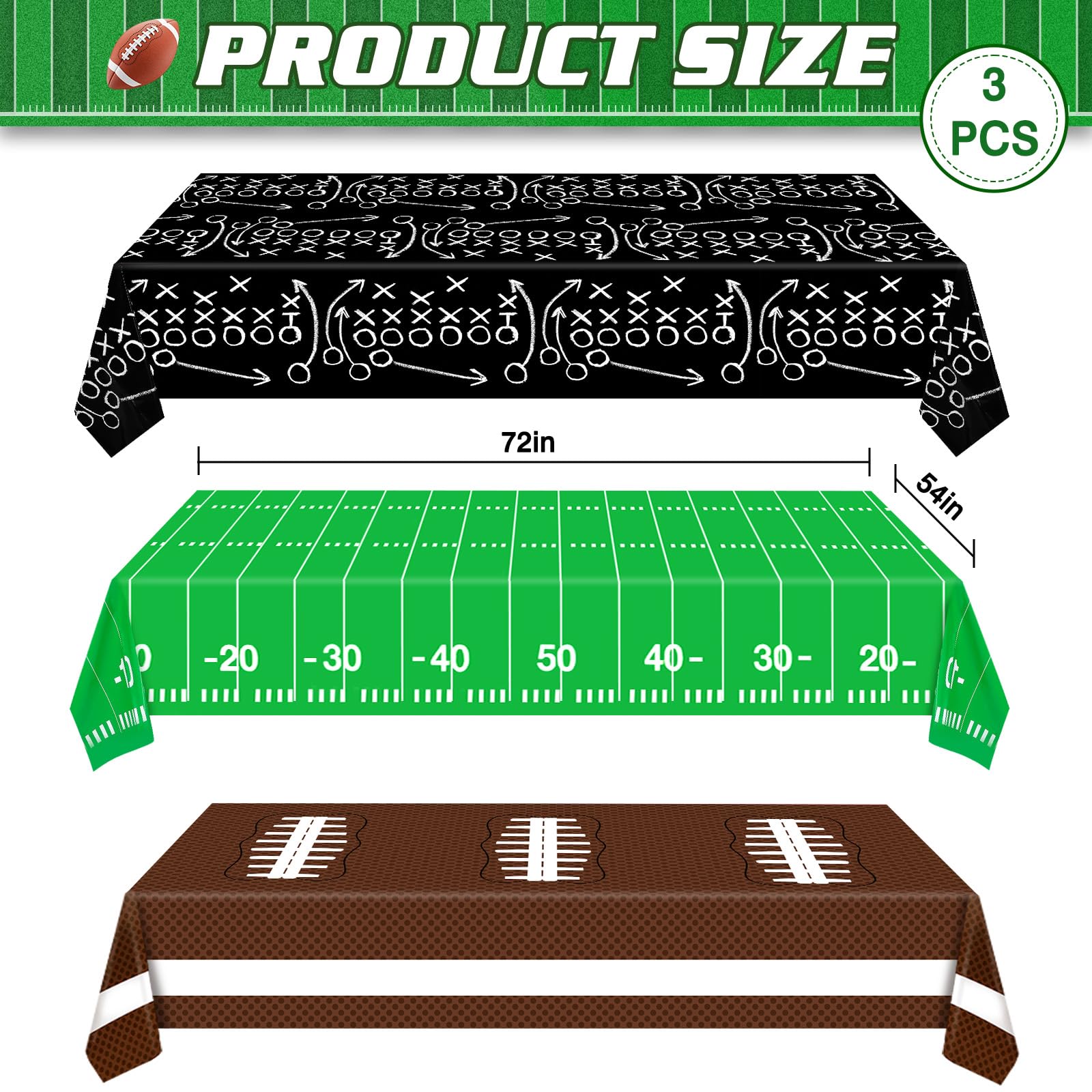 Esjay Football Party Decorations Supplies, Football Tablecloth Table Covers Disposable Plastic, Football Field Themed Birthday Decorations, 3 Pack (54”x72”)