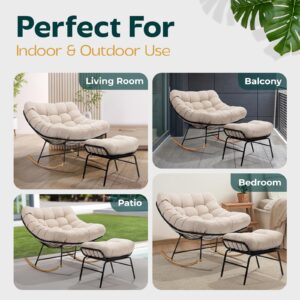 Bme Patio Rocking Chair Outdoor & Indoor with Ottoman, Metal Patio Lounge Rocking Chair with Thick Cushion, Comfy Modern Rocker Chair, Beige Cushion - Wood Texture Rocker