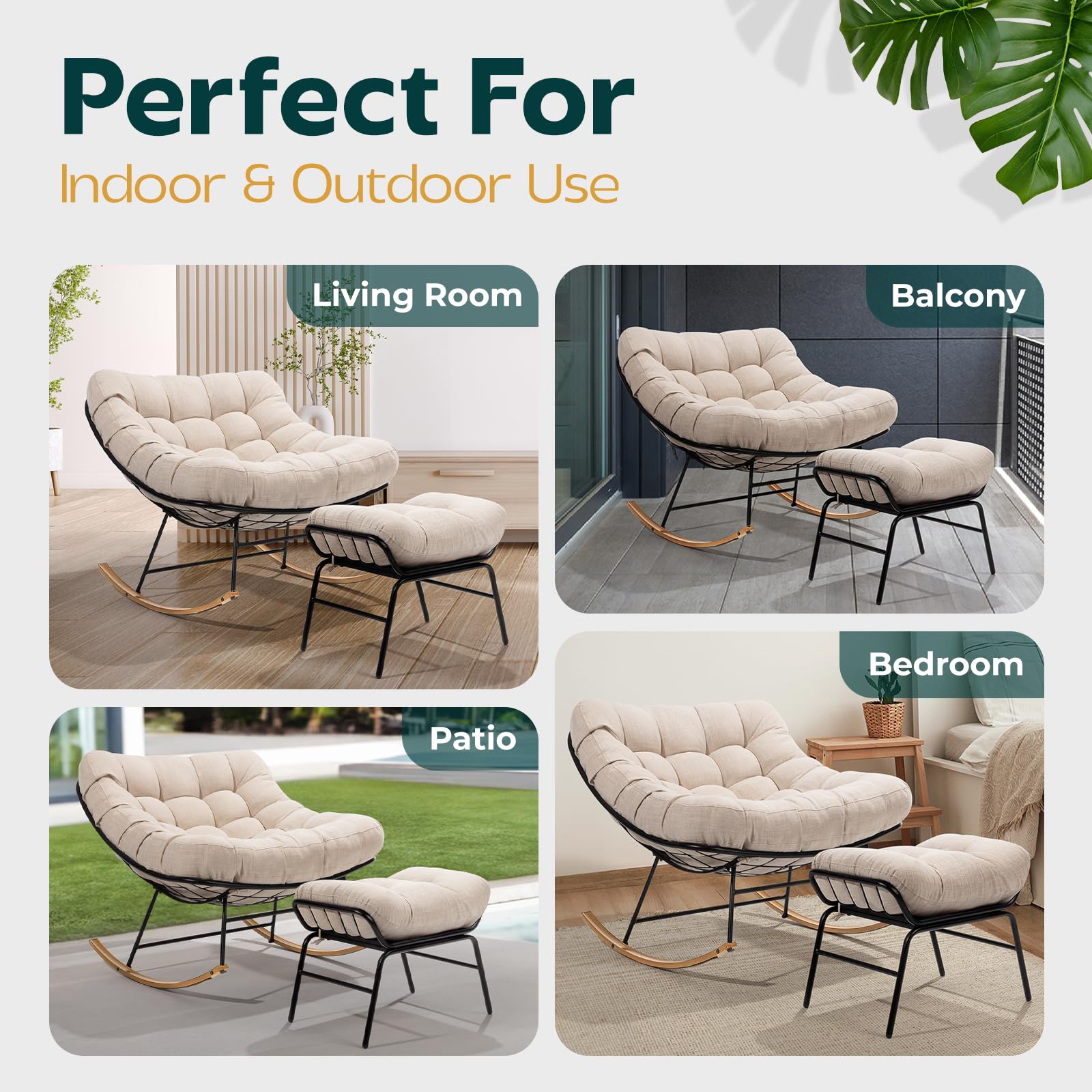 Bme Patio Rocking Chair Outdoor & Indoor with Ottoman, Metal Patio Lounge Rocking Chair with Thick Cushion, Comfy Modern Rocker Chair, Beige Cushion - Wood Texture Rocker