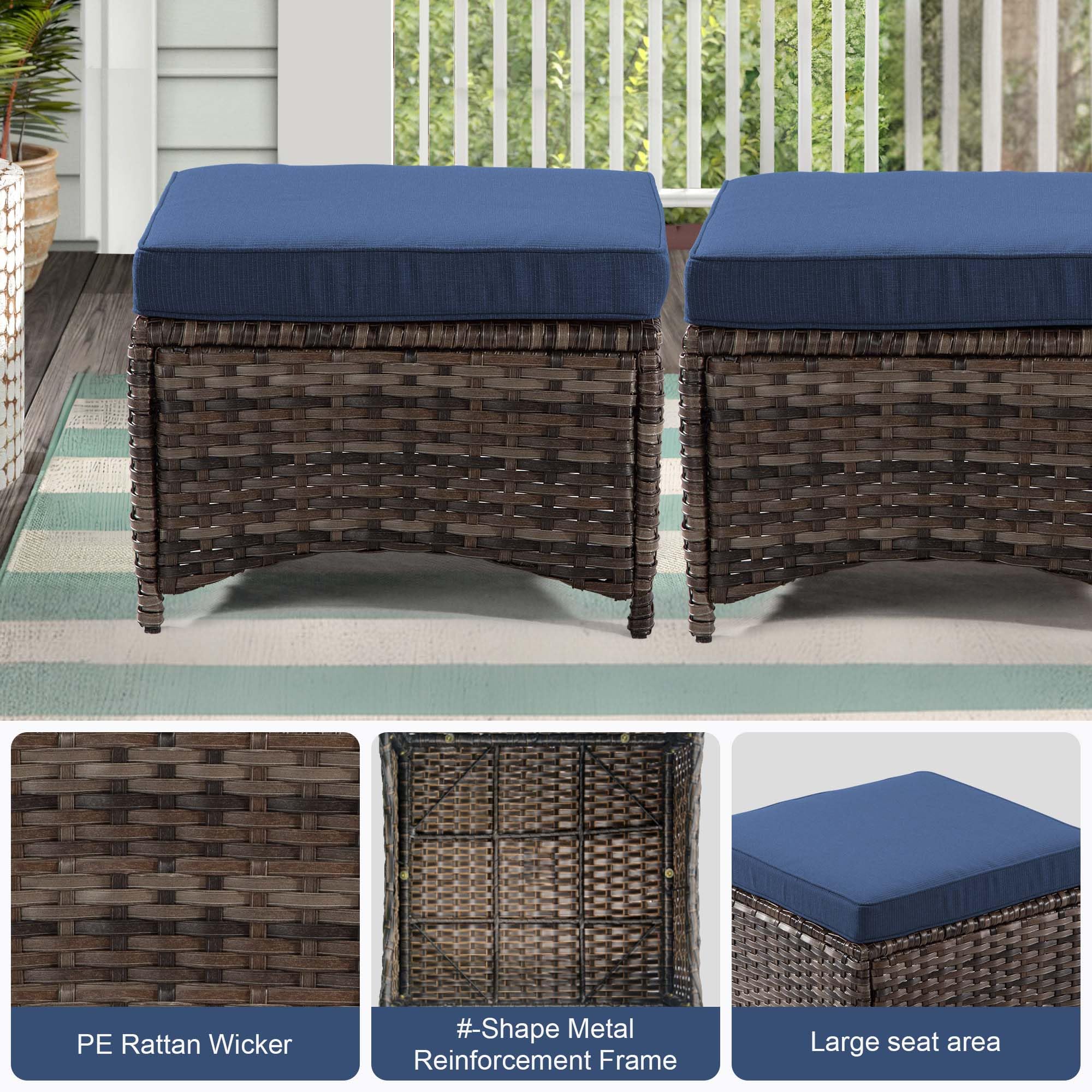 Yokayoay Patio Ottomans 2 Pieces,Outdoor Wicker, Side Table with Removable Cushions, Footrest Furniture for Deck, Porch, Backyard, Balcony, Poolside