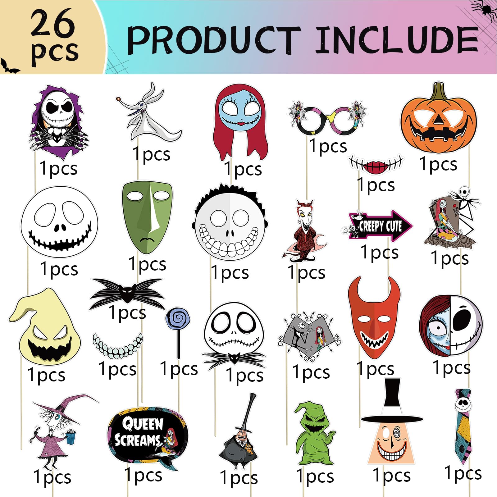 30PCS Nightmare Before Christmas Party Photo Booth Props with Stick,Nightmare Before Christmas Birthday Party Supplies,Party Selfie Props,Jack and Sally Halloween Backdrop Party Decorations.