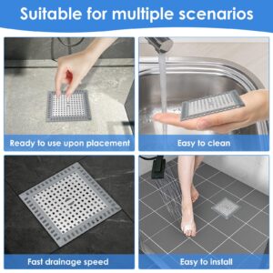 4 Pcs Shower Drain Hair Filter Mesh Tub Drain Protector with Silicone Rim Anti Slip Sink Hair Stopper Stainless Steel Hair Strainer Bathtub Hair Trap Stopper for Kitchen Bathroom Laundry (Square)