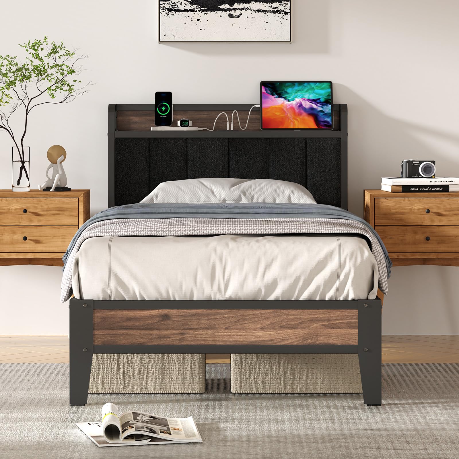 Twin Size Bed Frame with Headboard and Charging Station Storage Fabric Upholstered Headboard with Outlet 12 Inch Heavy Duty Metal Platform Bed with Steel Slat Support Anti-Slip Easy Assembly Black