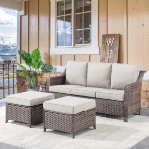 Outdoor Wicker Couch and Ottomans Set - Heavy Duty Outside Resin Rattan Lawn Funiture Sofa Sets for Front Porch Balcony Backyard Yard Deck Apartment – Brown/Beige