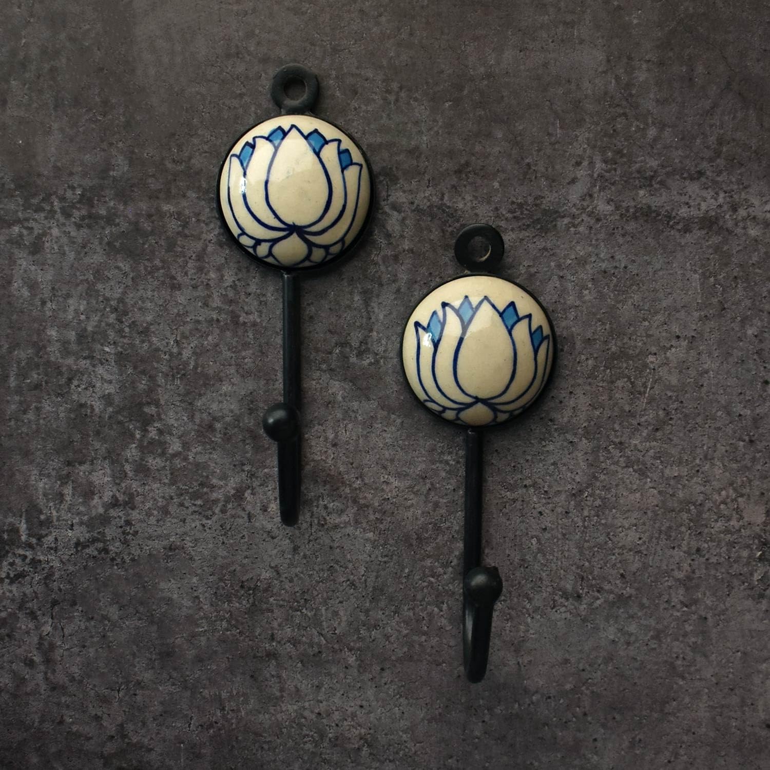 BROOK AND BIRCH Hand Painted Ceramic Wall Hooks Keys Hanger Ceramic Coat Hooks Robe Hook for Entryway Bathroom Kitchen Home - Set of 2 (Blue Lotus)