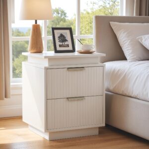 Furmax Nightstand with LED Light, Set of 2 Night Stand with Drawers, White Bedside Table, Modern End Side Table for Bedroom