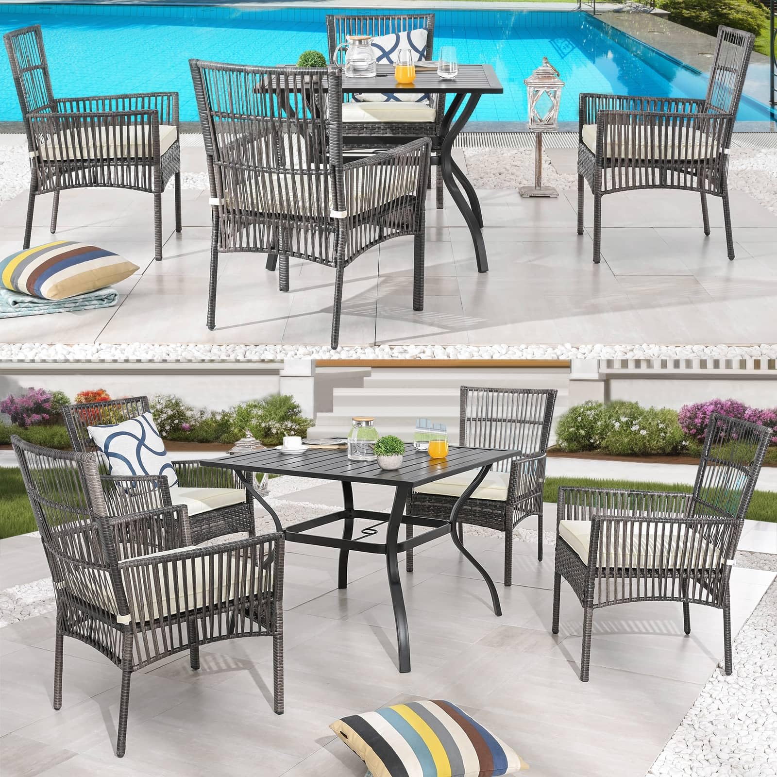 PatioFestival Patio Dining Set 5 Pieces Outdoor Furniture Sets Outside Metal Square Table Wicker Chairs with Galvanized Steel Frame Beige Cushion