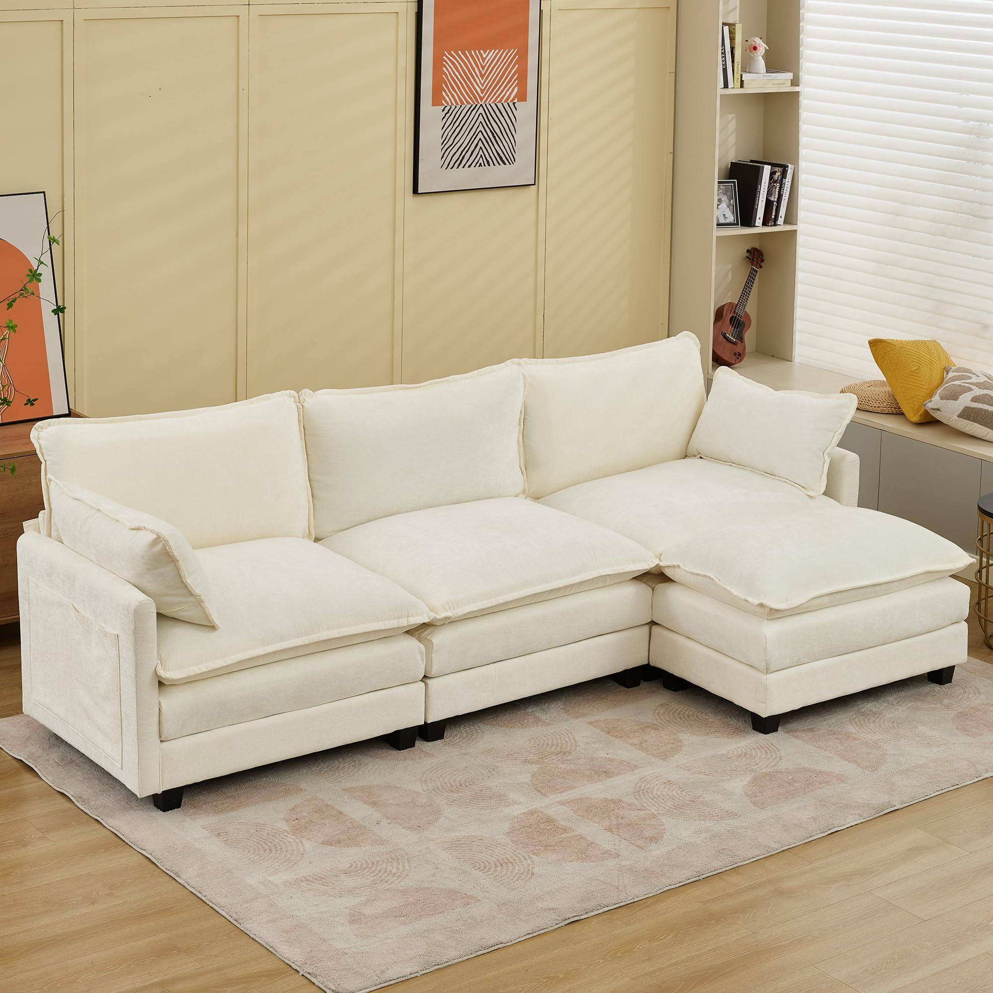 Sectional Couches for Living Room | Comfy Cloud Couch Modern Chenille L-Shaped 115” Cream Modular Sectional Sofa with Moveable Ottoman & Pillows | Extra Deep Seat Sofa (White Couch, 3-Seat Upgrade)