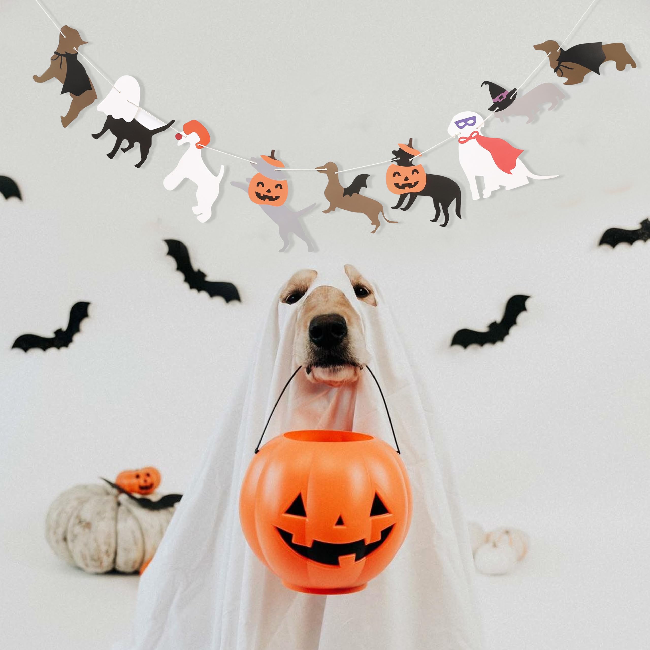 Halloween Dog Garland - Halloween Spooky Dogs Banner, Cute Witch Hat Pumpkin Puppy Dog Hanging Banner, Halloween Puppy Theme Wall Decor