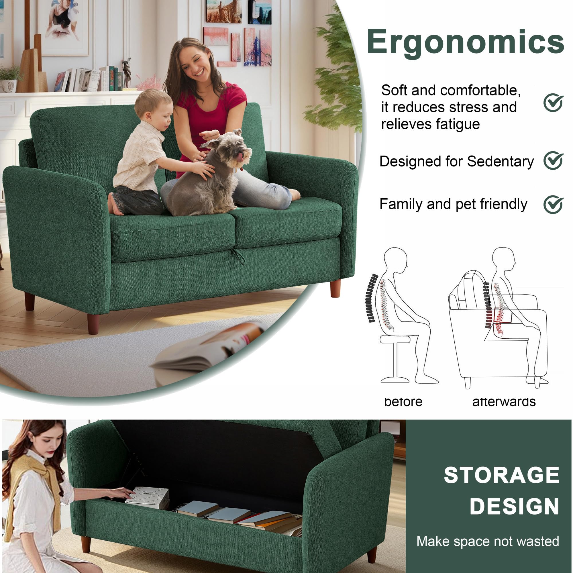 Chorlenimi Upholstered Loveseat Sofa Couch with Storage Space, Modern Love Seats with Armrest and 2 Pillows for Living Room, Bedroom, Apartment, Office and Small Spaces(Green, 2-Seat)