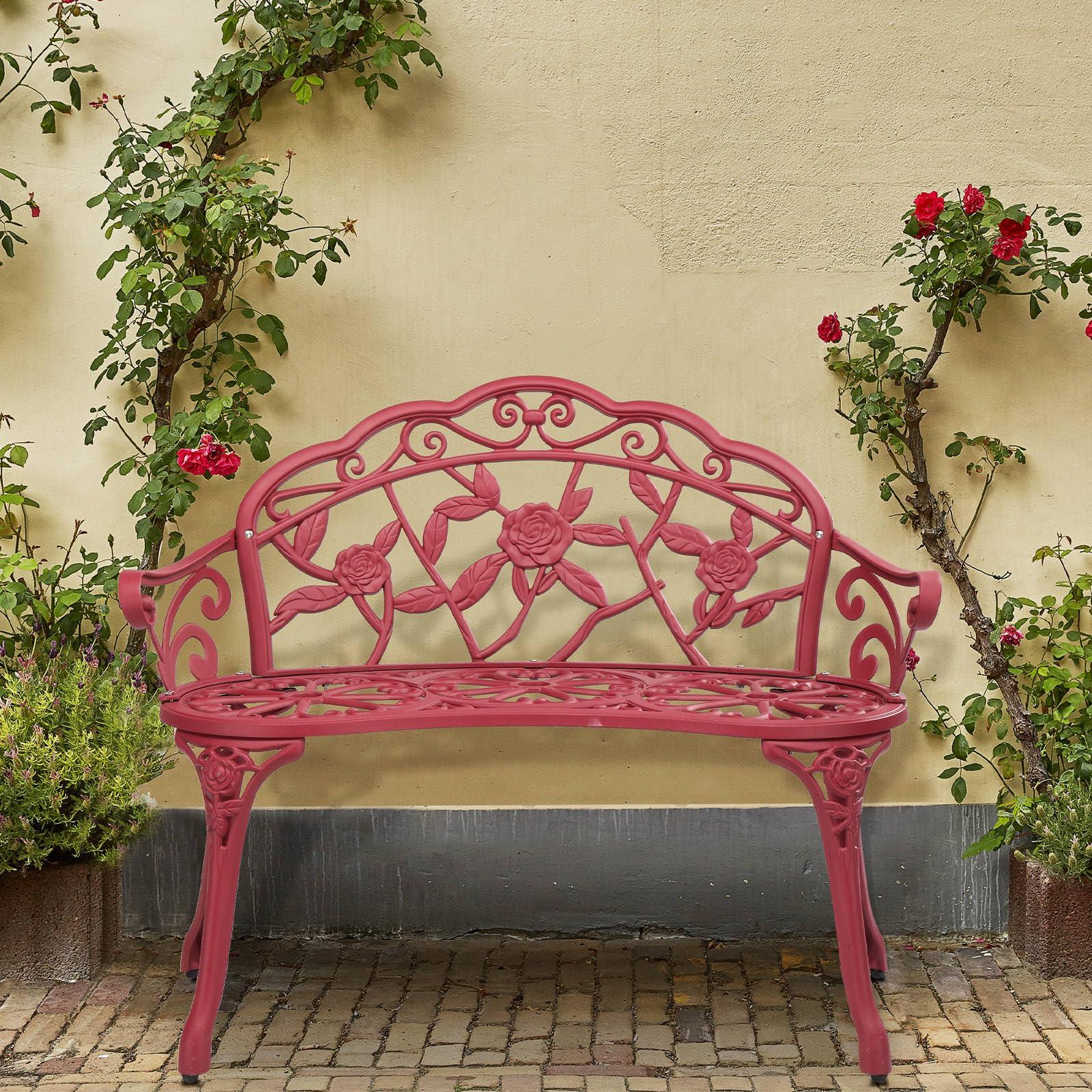 CIPACHO Outdoor Cast Aluminum Patio Bench, Garden Bench with Curved Legs Rose Pattern,Porch Bench Chair for Park Balcony Backyard Outdoor Furniture (Red)