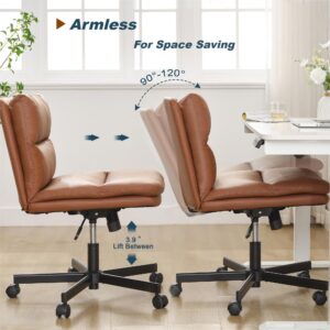 Okeysen Criss Cross Chair with Wheels, Armless Cross Legged Comfy Office Desk Chair, Modern PU Leather Height Adjustable Swivel Computer Task Chair with Wide Seat for Home, Office, Vanity Chair, Brown