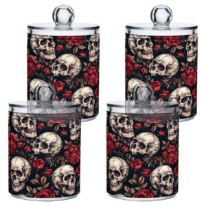 GOODOLD Skull and Roses Qtip Holder 2 Pack - 10 Oz Clear Plastic Apothecary Jar Set for Bathroom Organization - Versatile Canister Storage for Cotton Balls, Swabs, Rounds