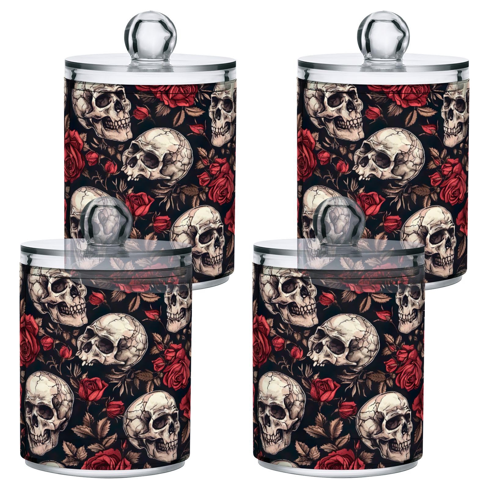 GOODOLD Skull and Roses Qtip Holder 2 Pack - 10 Oz Clear Plastic Apothecary Jar Set for Bathroom Organization - Versatile Canister Storage for Cotton Balls, Swabs, Rounds