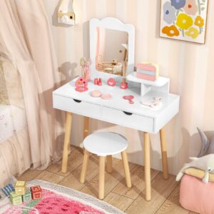 FIREFLOWERY Kids Vanity, Kids Makeup Vanity w/Open Storage Shelve & 2 Large Drawers, Wooden Princess Play Vanity Table, Toddler Vanity, Girls Vanity Set with Mirror and Stool for Bedroom (White)