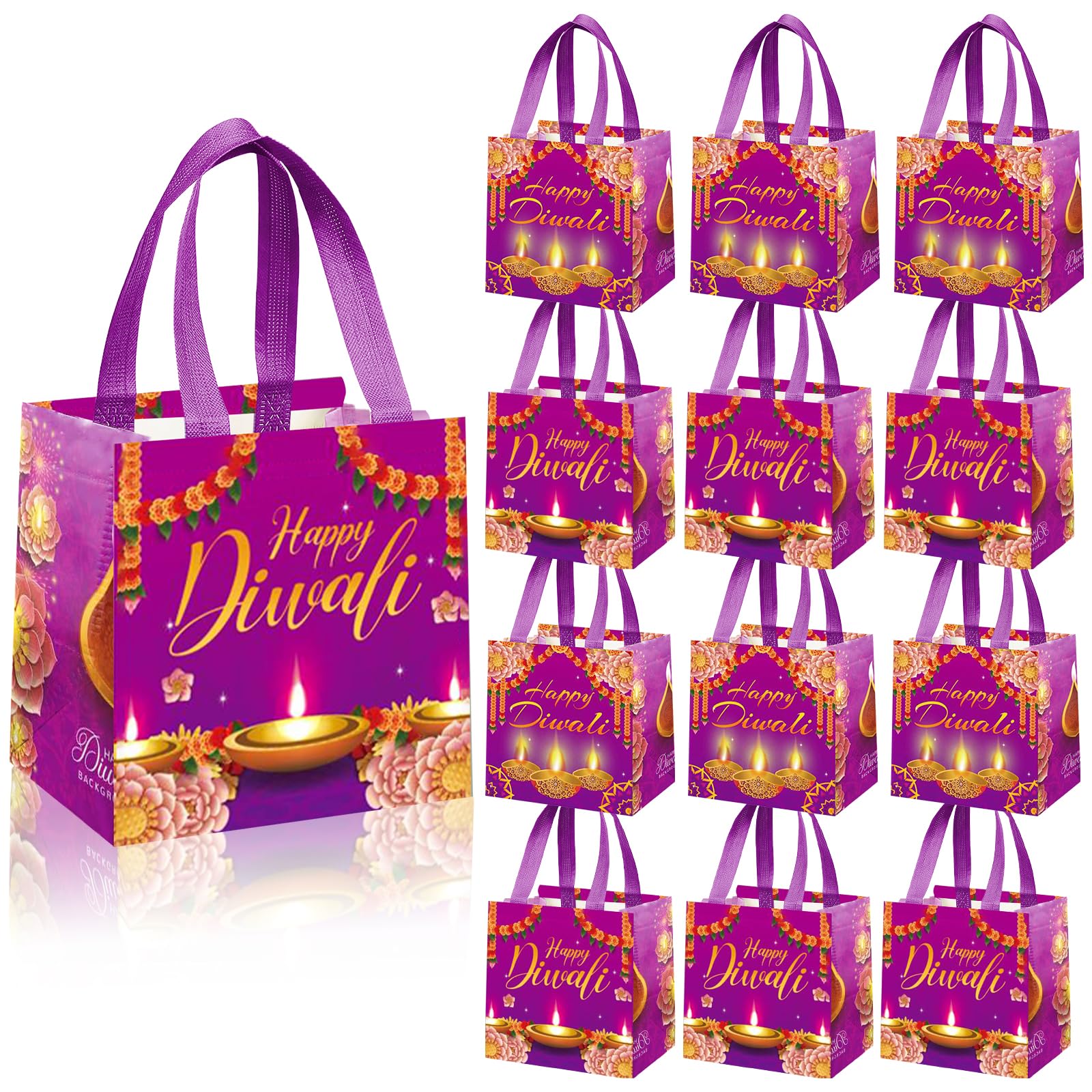 kaixiaoru 20 PCS Happy Diwali Day Treat Bag,Happy Diwali Day Gift Bags Candy Bags Gooide Bags with Handle Reusable Non Woven Tote Bags for Diwali Day Party Decorations Favors (7.9 * 7.9 * 8.3inch)