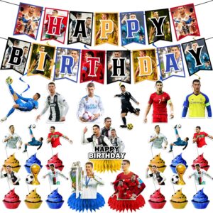 22pcs soccer star party decorations, soccer star birthday party decorations set includes soccer star cupcake topper, banner, centerpieces and hanging swirls, soccer star birthday decorations