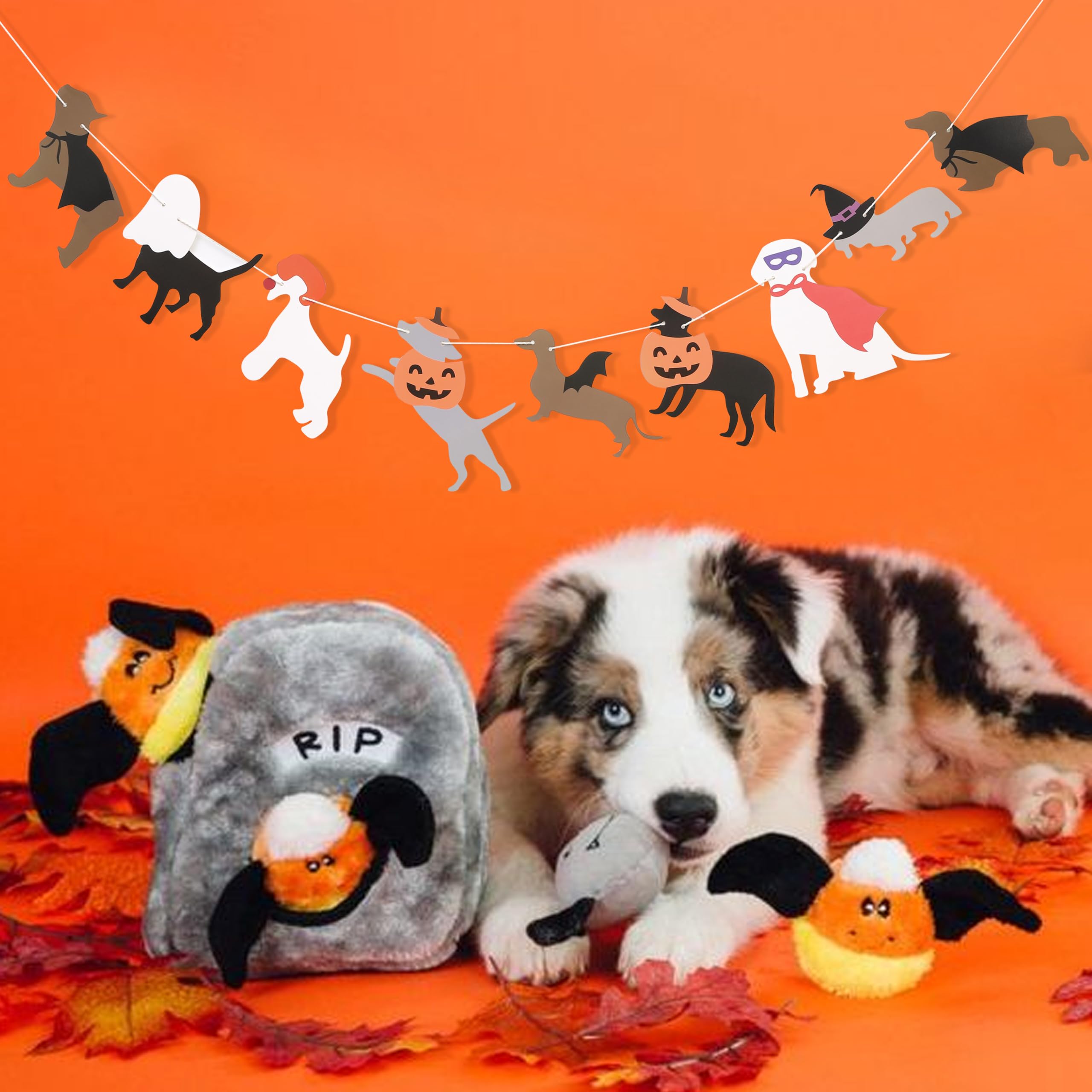 Halloween Dog Garland - Halloween Spooky Dogs Banner, Cute Witch Hat Pumpkin Puppy Dog Hanging Banner, Halloween Puppy Theme Wall Decor