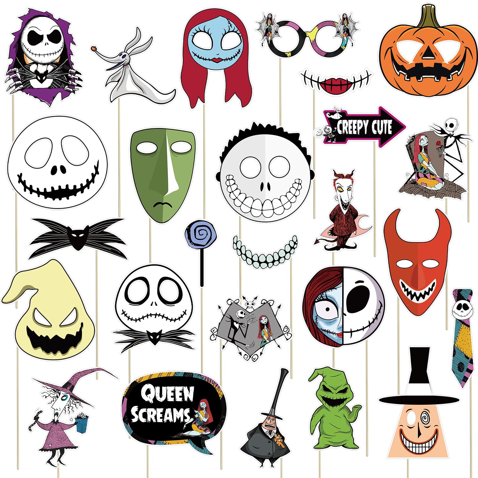 30PCS Nightmare Before Christmas Party Photo Booth Props with Stick,Nightmare Before Christmas Birthday Party Supplies,Party Selfie Props,Jack and Sally Halloween Backdrop Party Decorations.