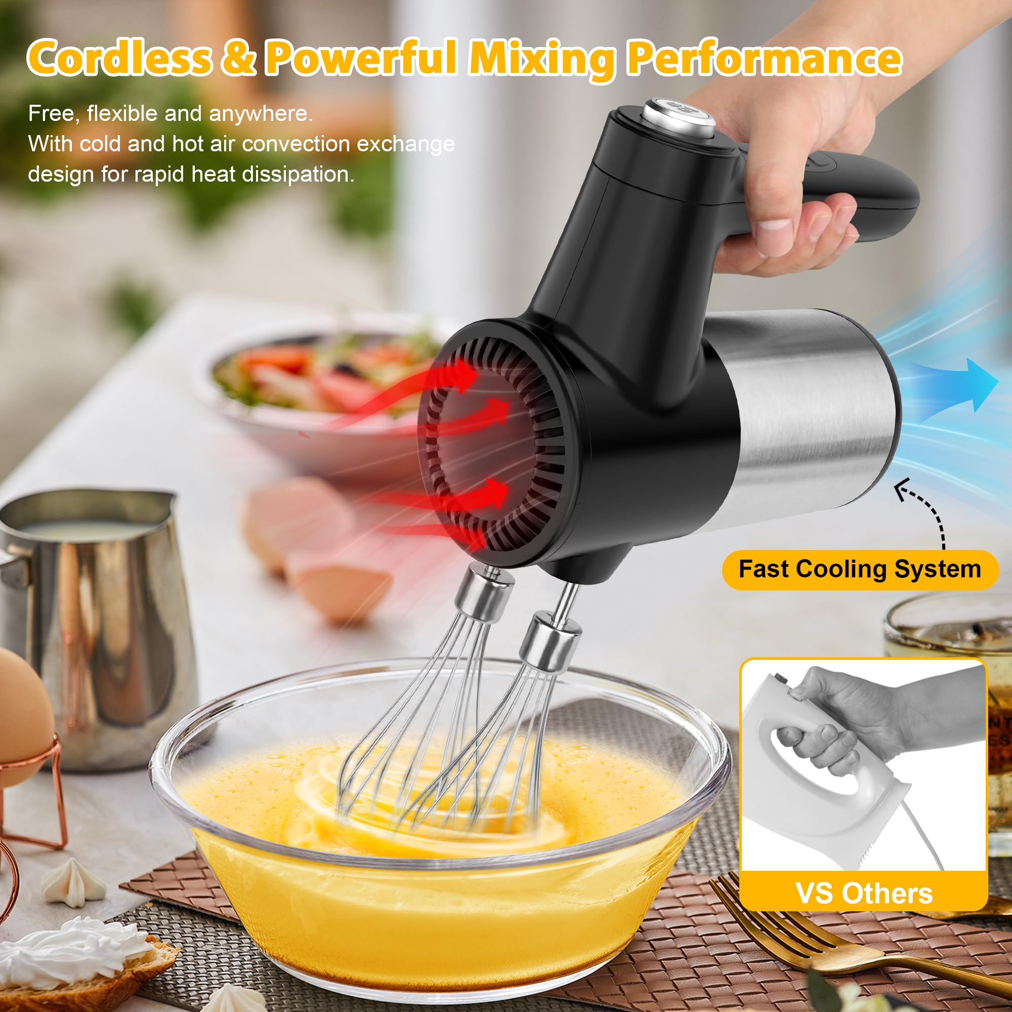 Cordless Hand Mixer, Digital Display 7 Speed Rechargeable Electric Mixer Handheld with 6 Stainless Steel Attachments Whisks Beaters Dough Hooks & Storage Base, Kitchen Blender for Baking, Eggs, Cakes