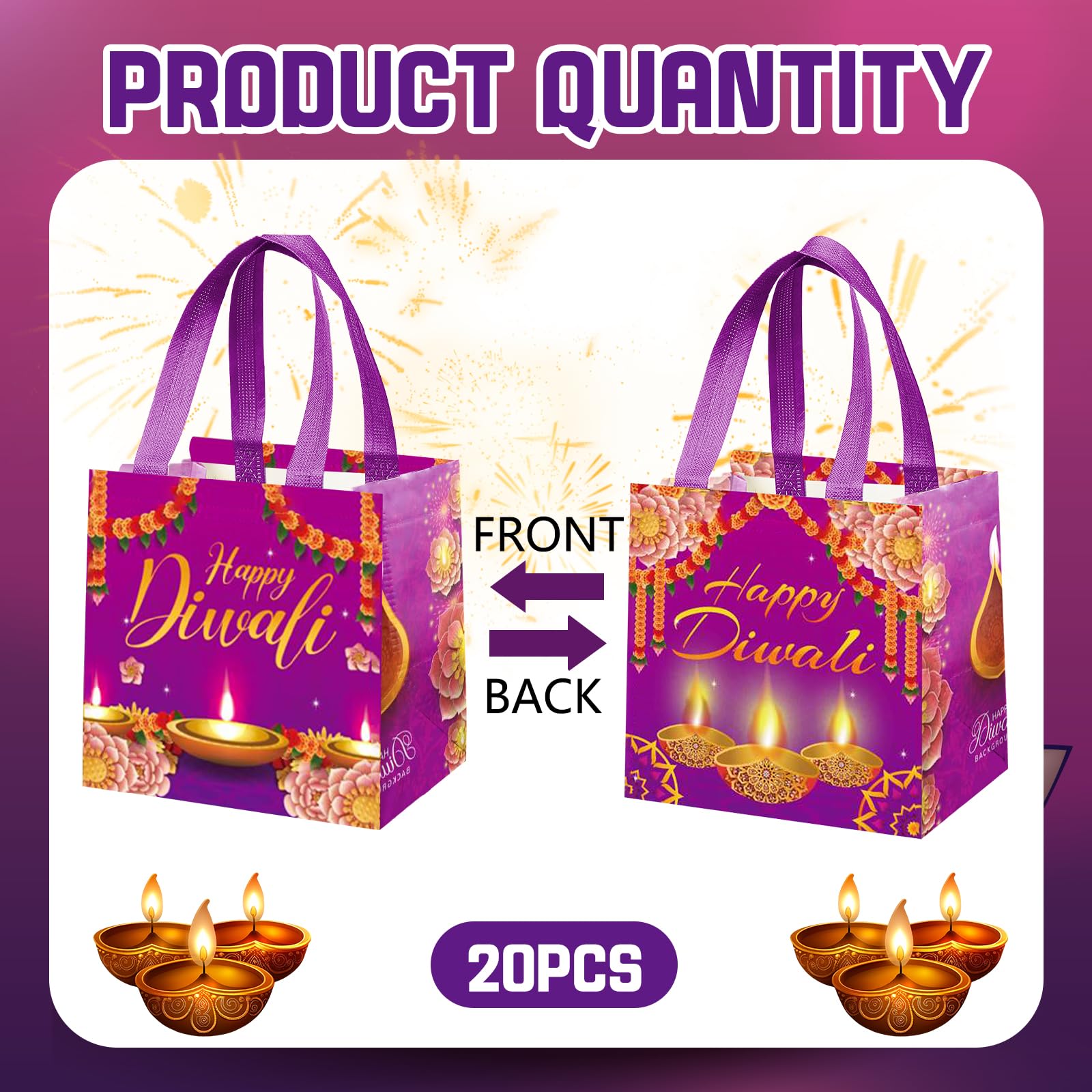 kaixiaoru 20 PCS Happy Diwali Day Treat Bag,Happy Diwali Day Gift Bags Candy Bags Gooide Bags with Handle Reusable Non Woven Tote Bags for Diwali Day Party Decorations Favors (7.9 * 7.9 * 8.3inch)