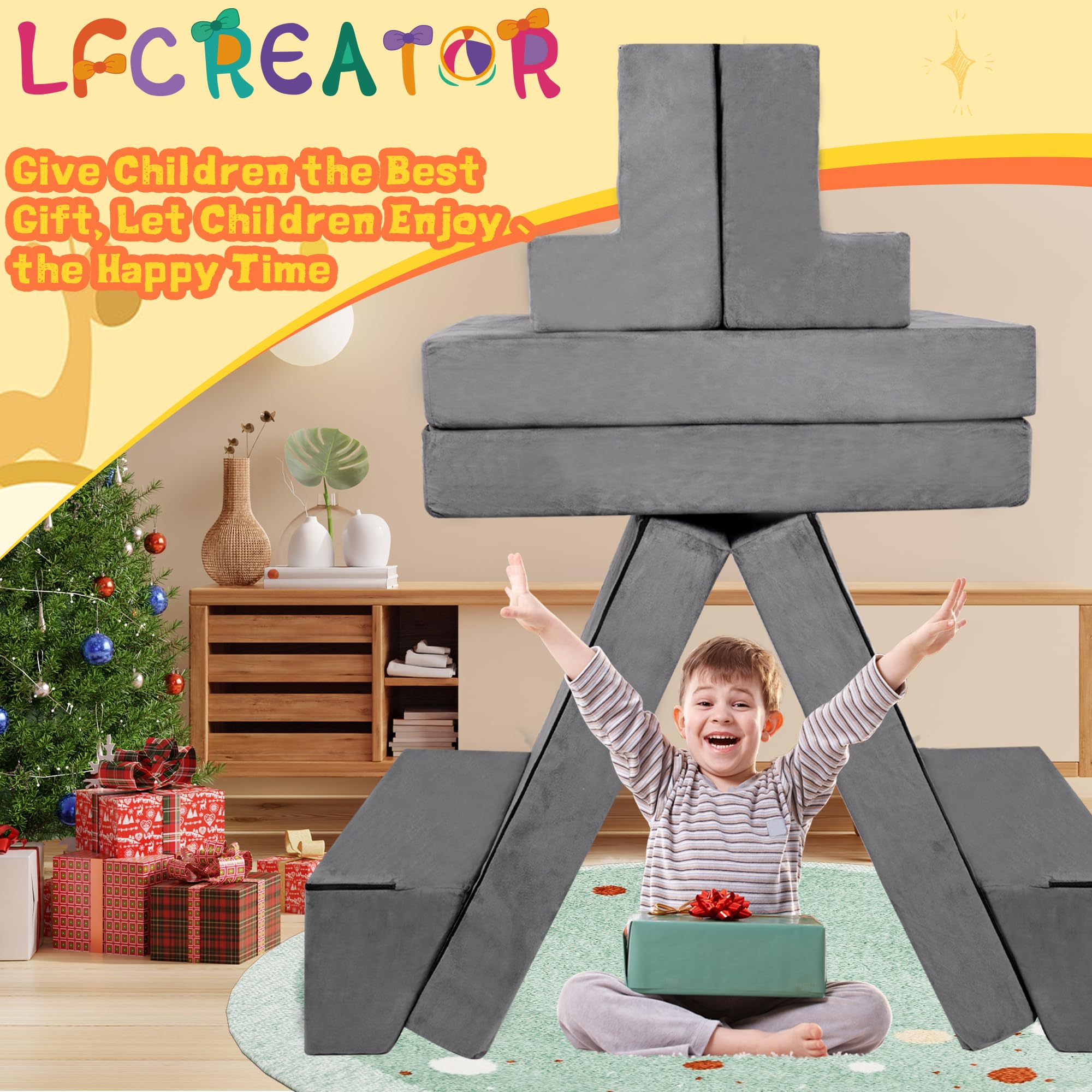 LFCREATOR Kids Play Couch,Modular Couch for Toddler and Baby Playroom/Bedroom,Imaginative Convertible Play Couch for Boys Girls.Gift for Kids,Grey