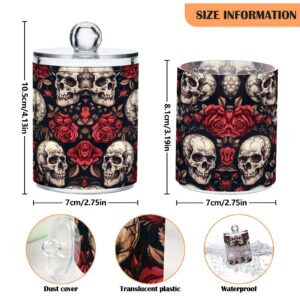 GOODOLD Skull and Roses Qtip Holder 2 Pack - 10 Oz Clear Plastic Apothecary Jar Set for Bathroom Organization - Versatile Canister Storage for Cotton Balls, Swabs, Rounds