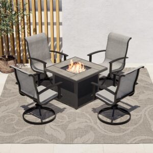 grand patio 5-piece outdoor furniture conversation sets with 32 inch csa approved 40000 btu heat propane gas fire pit table outdoor swivel rocking chair 4-piece mixed coffee dining chair set