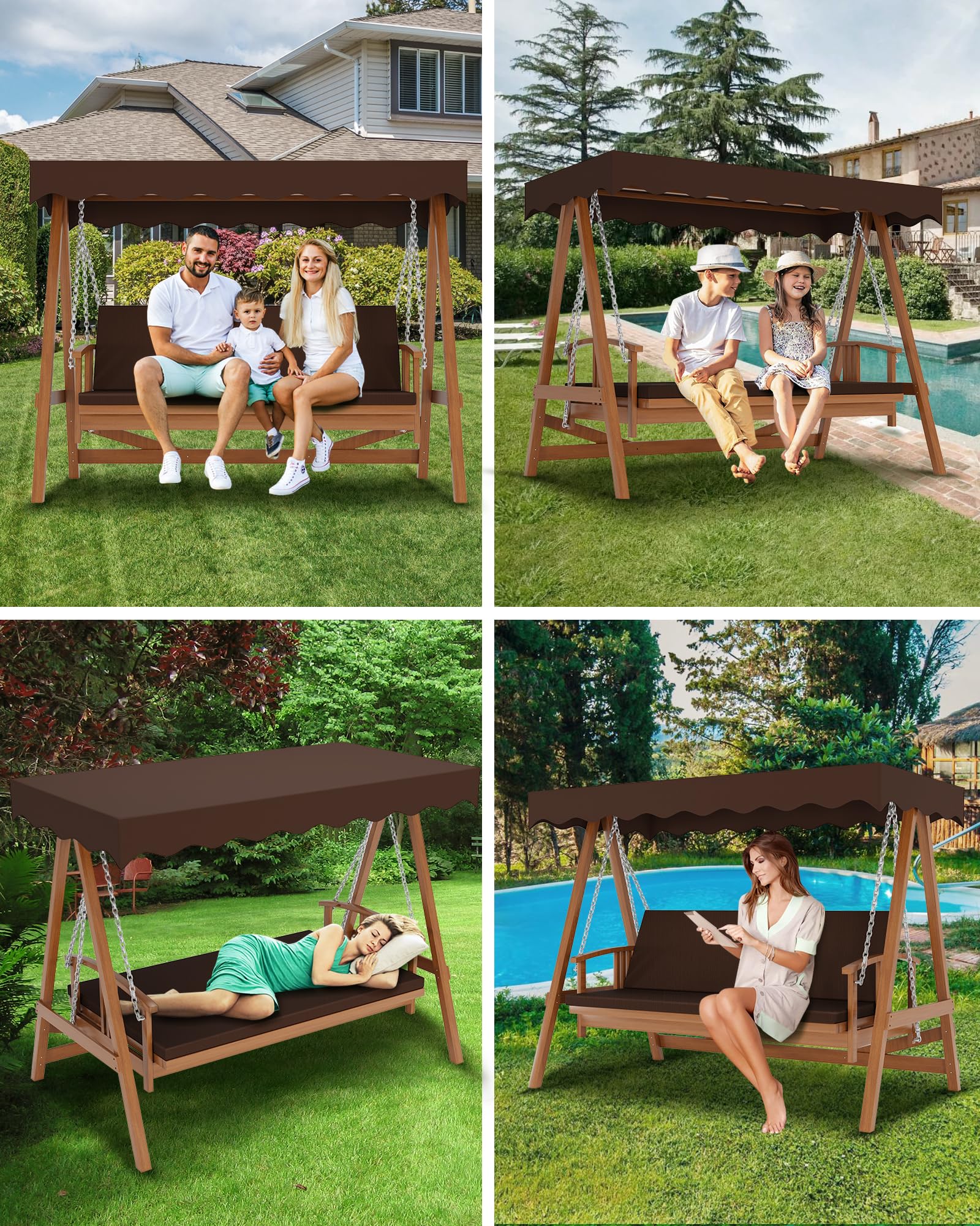 GarveeLife Wooden Patio Swing with Adjustable Canopy, 3-Seater Wood Patio Swing Bench with Removable Cushion, Patio Swing Glider with Flatbed for Backyard Garden Balcony Poolside, Brown