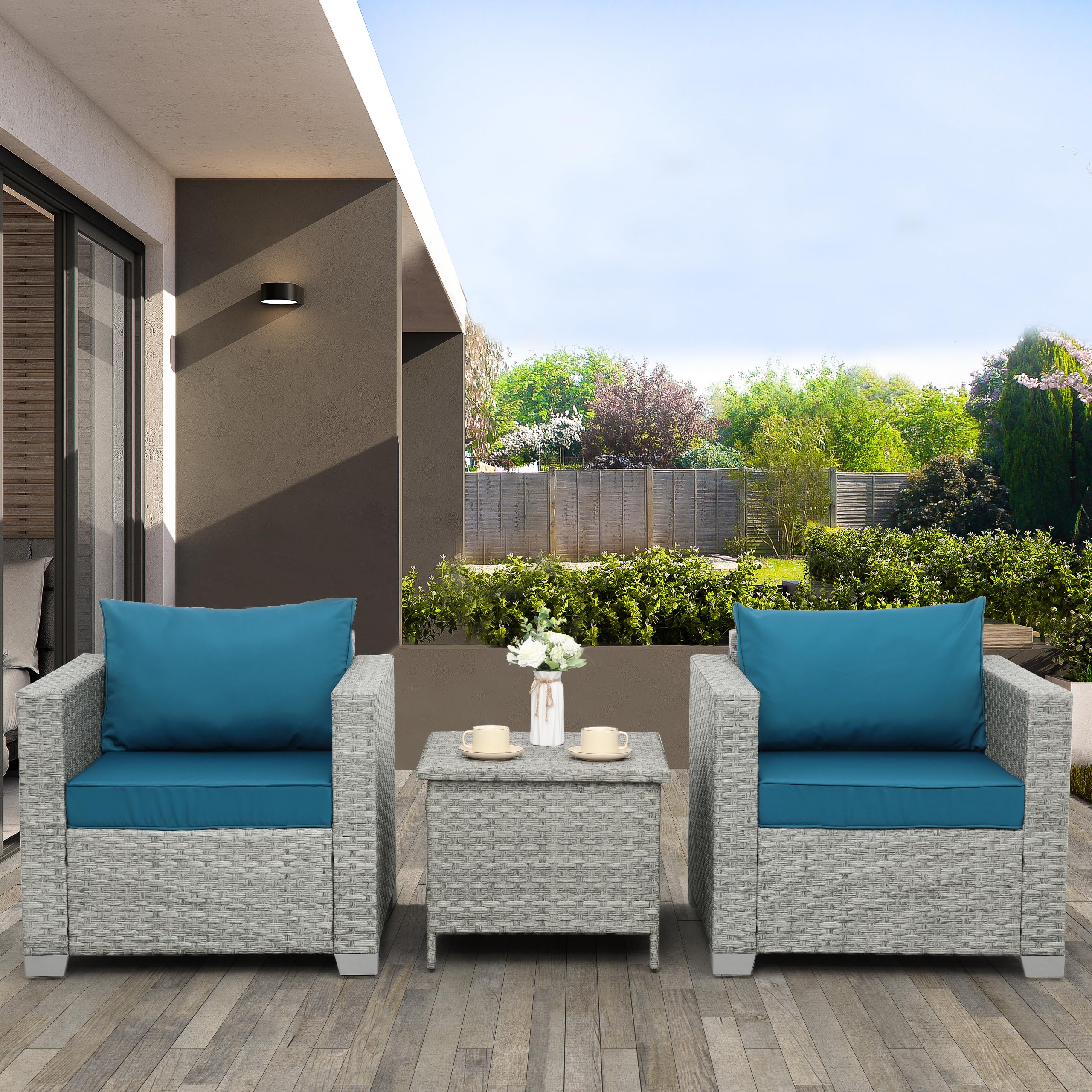 WAROOM Outdoor Sofa Wicker Patio Chairs Set of 2, Porch Single Chair Grey Rattan Deep Seating Armchair Balcony Furniture with Peacock Blue Cushion