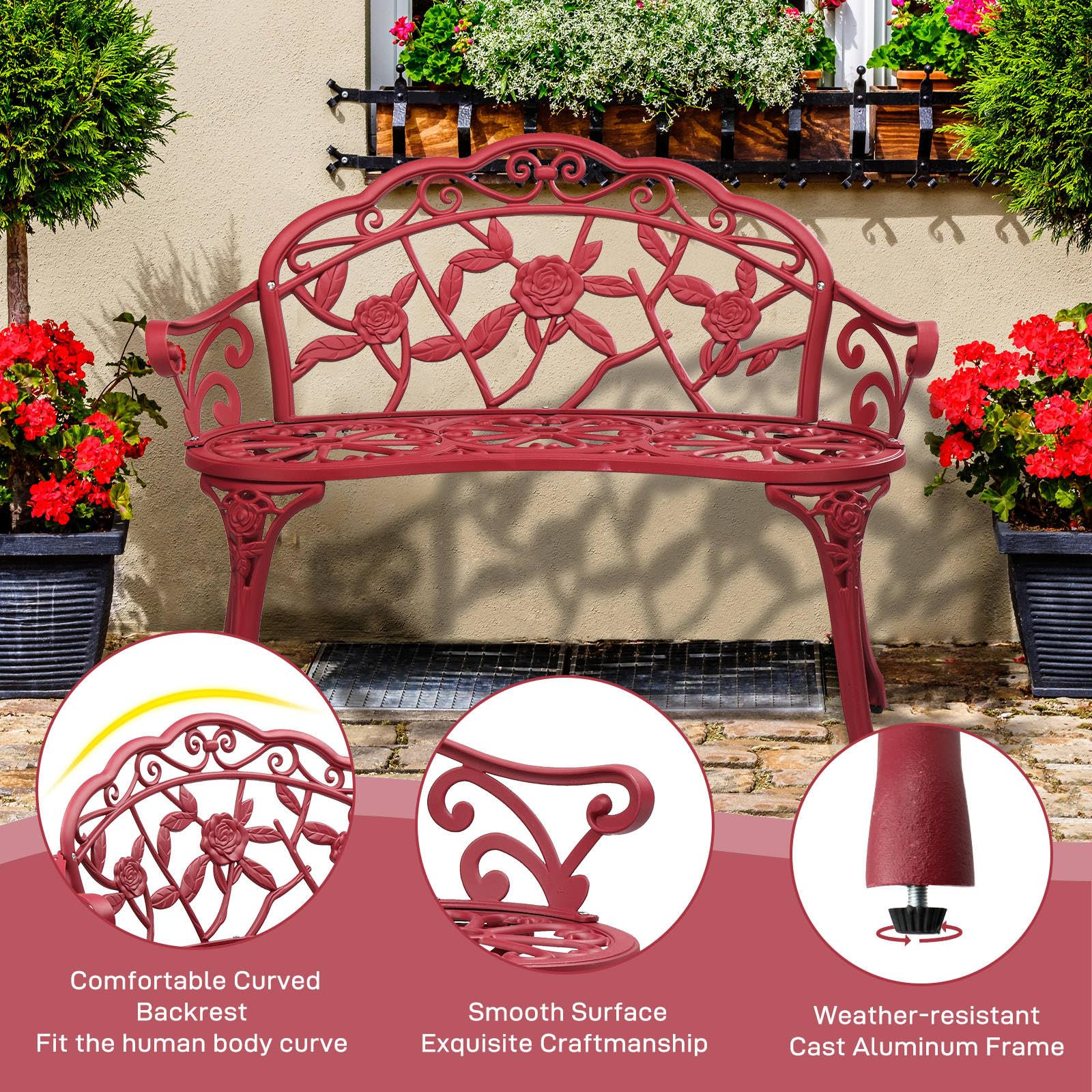 CIPACHO Outdoor Cast Aluminum Patio Bench, Garden Bench with Curved Legs Rose Pattern,Porch Bench Chair for Park Balcony Backyard Outdoor Furniture (Red)