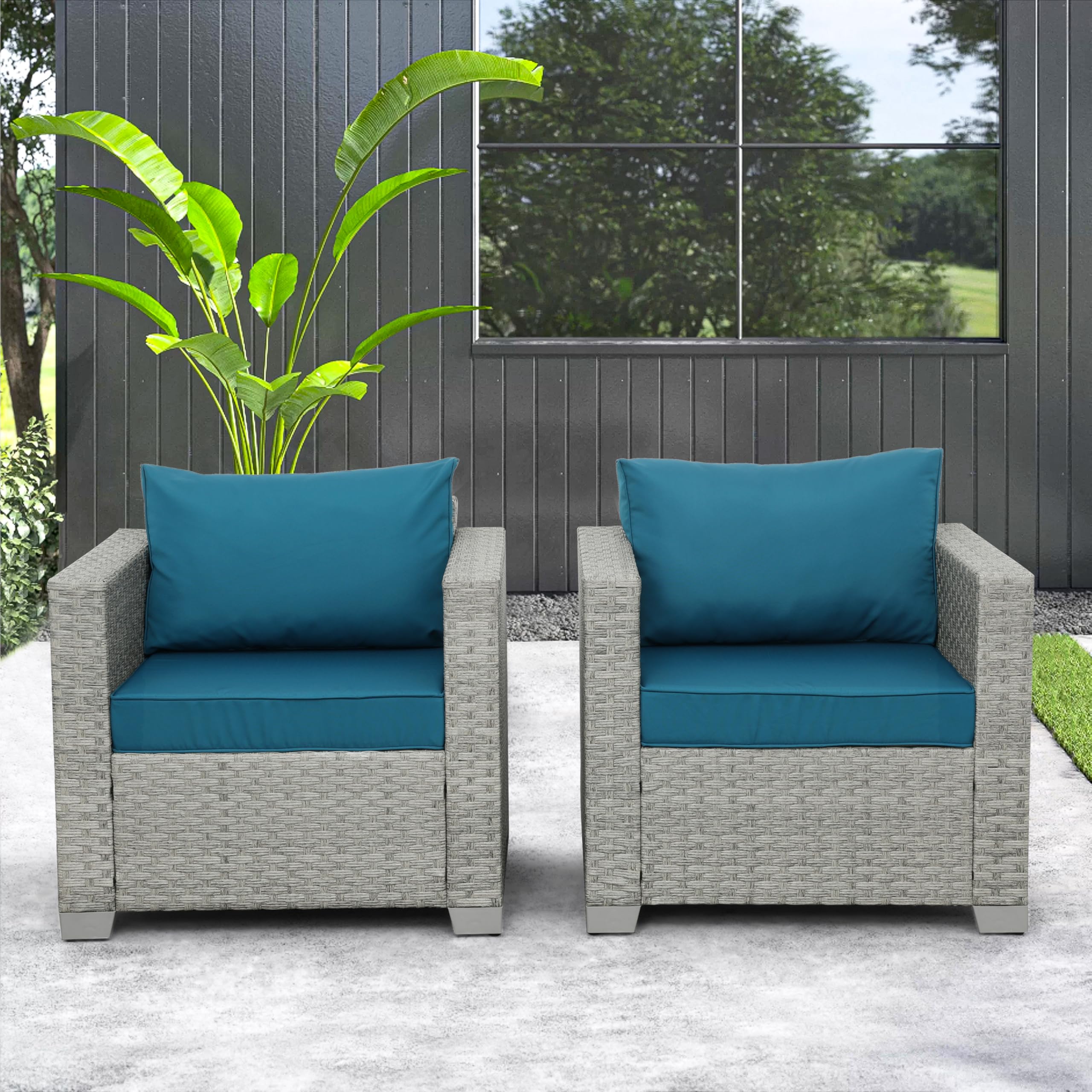 WAROOM Outdoor Sofa Wicker Patio Chairs Set of 2, Porch Single Chair Grey Rattan Deep Seating Armchair Balcony Furniture with Peacock Blue Cushion