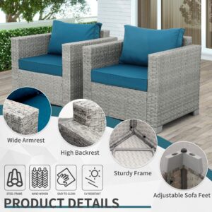 WAROOM Outdoor Sofa Wicker Patio Chairs Set of 2, Porch Single Chair Grey Rattan Deep Seating Armchair Balcony Furniture with Peacock Blue Cushion