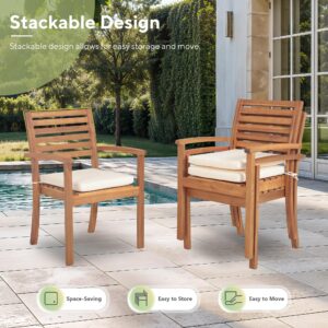 Olaterior Acacia Wood Patio Dining Chairs, Outdoor Dining Chairs Set of 6, Stackable Patio Wooden Chair with Armrests & Removeable Cushions for Backyard, Garden, Indoor, Cream