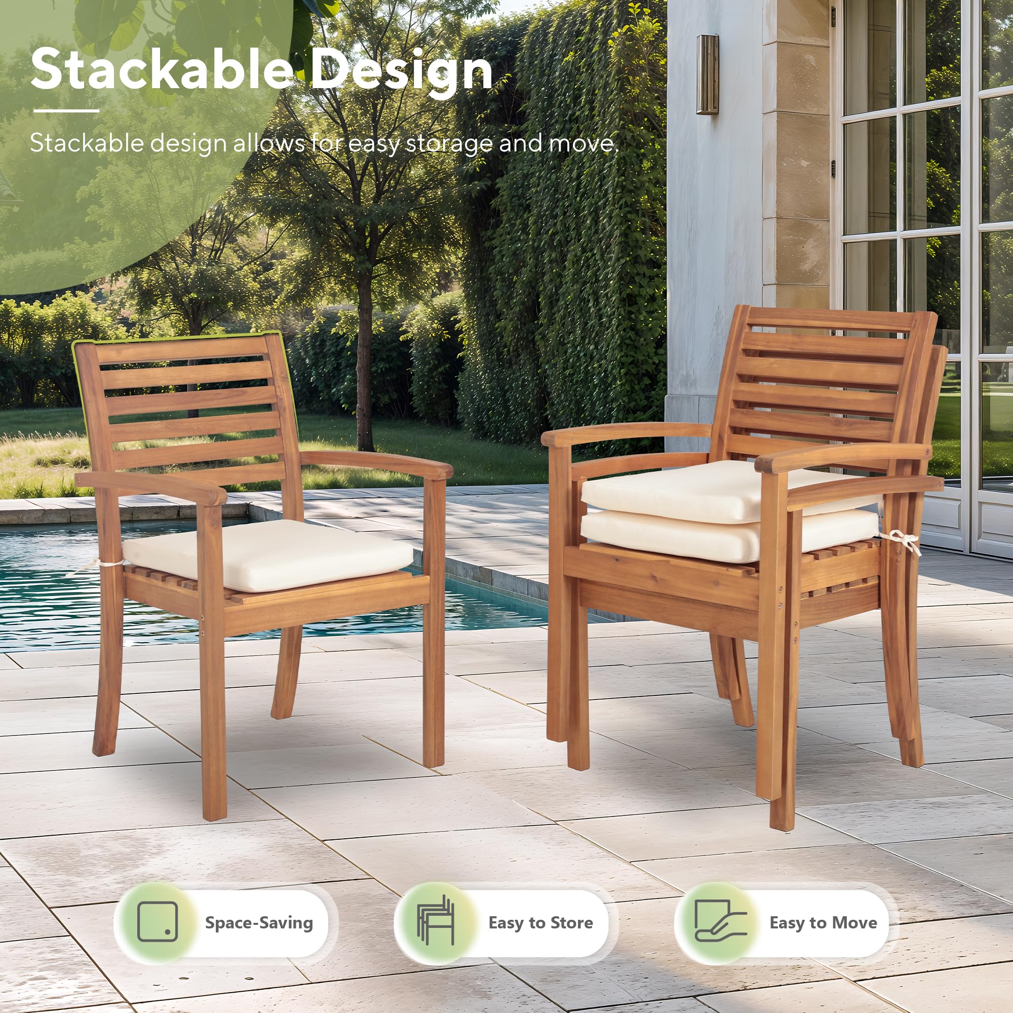 Olaterior Acacia Wood Patio Dining Chairs, Outdoor Dining Chairs Set of 6, Stackable Patio Wooden Chair with Armrests & Removeable Cushions for Backyard, Garden, Indoor, Cream